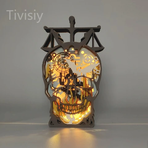 Libra Skull 3D Wooden Carving,Suitable for Home Decoration,Holiday Gift,Art Night Light